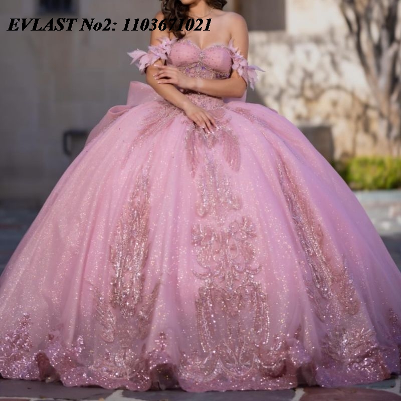 Embroidery Glass Beads - EVLAST personalizado vestido para quinceañeras rosa