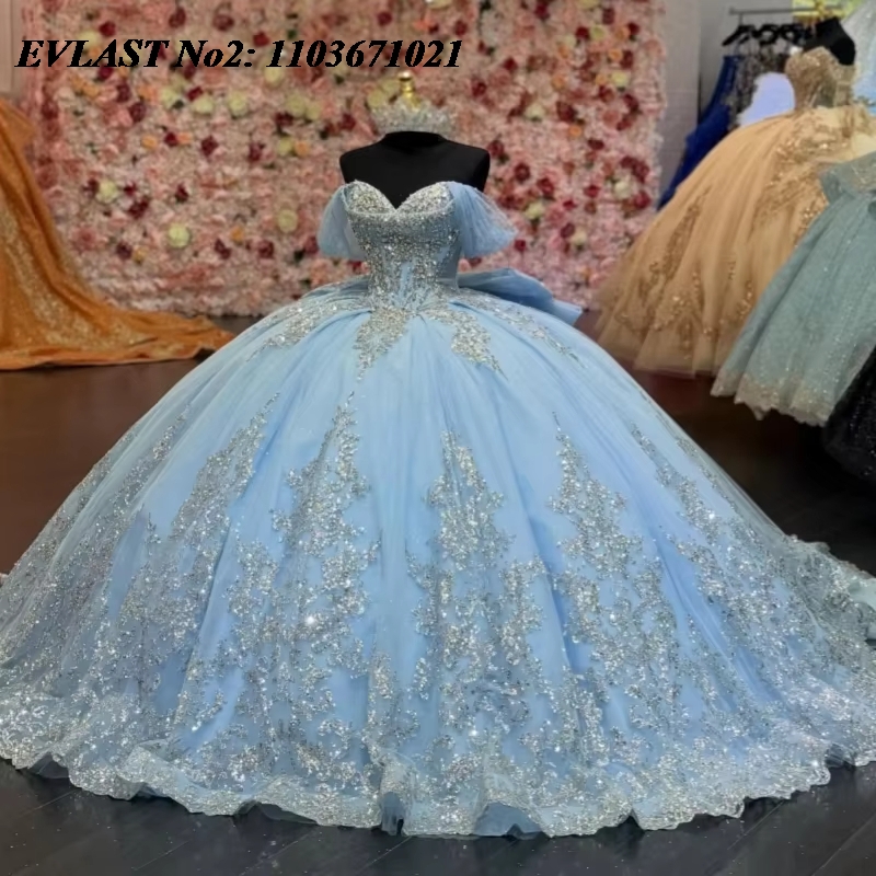 Embroidery Glass Beads - EVLAST Vestido de Quinceañera Azul Cielo