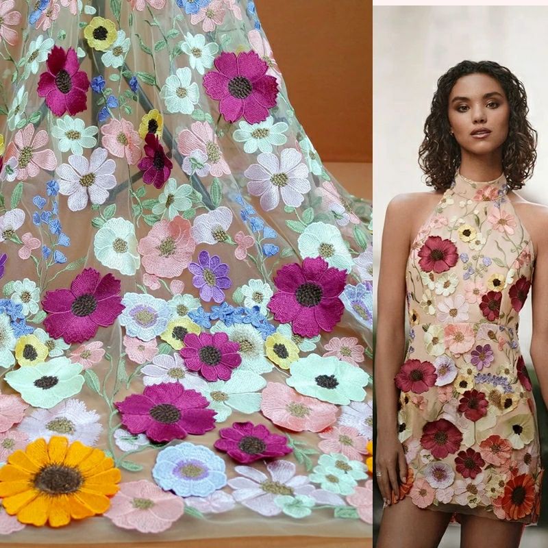 Embroidery Net Dress - Tela colorida de encaje de flores
