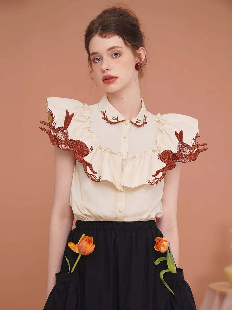 Embroidery Rabbit - Camisa bordada de conejo para mujer,